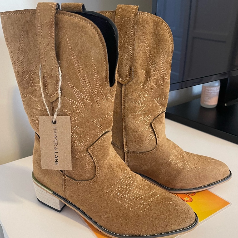 Harper & Lane Tan Western Faux Suede Boots